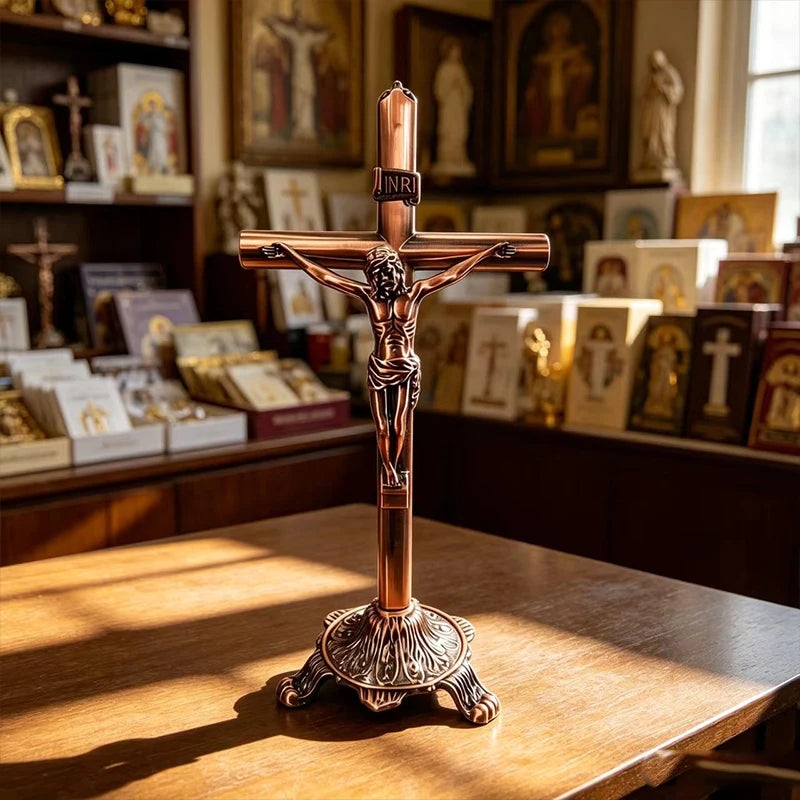 Crucifixo de Mesa em Metal | Dourado ou Prateado | Decoração Católica