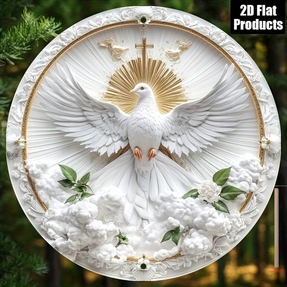 Quadro Decorativo Religioso | Pomba com Halo Dourado e Cruz | Metal 20x20cm