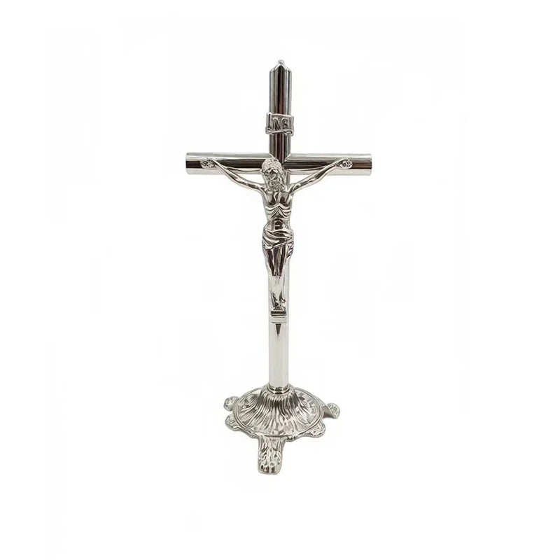 Crucifixo de Mesa em Metal | Dourado ou Prateado | Decoração Católica
