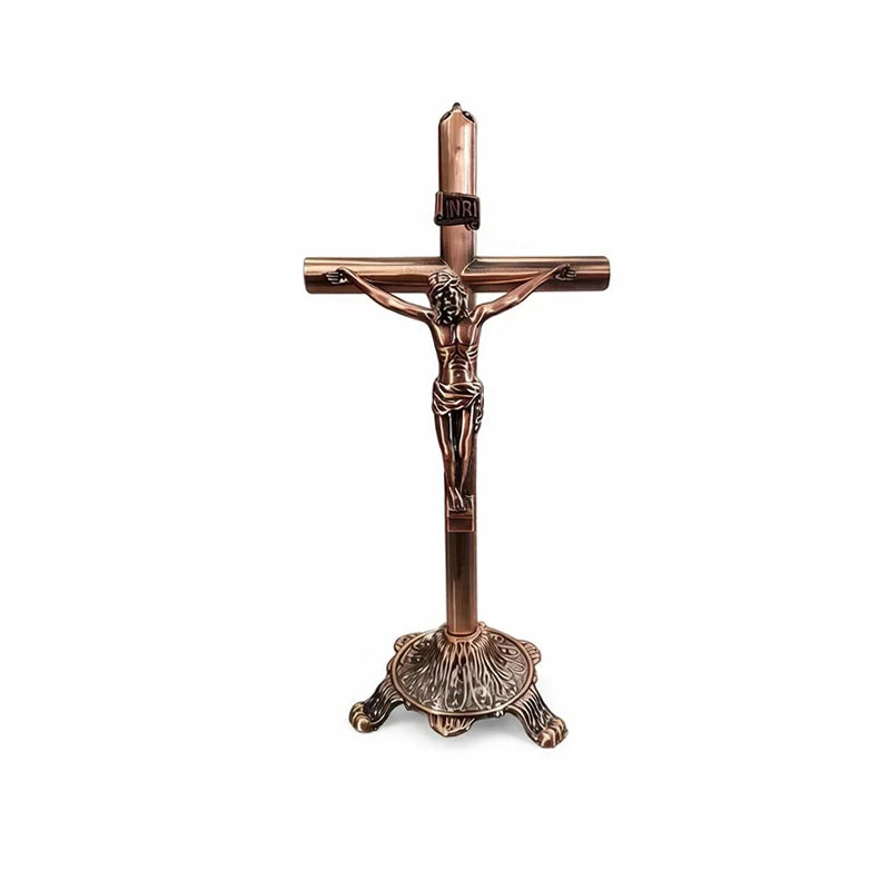 Crucifixo de Mesa em Metal | Dourado ou Prateado | Decoração Católica
