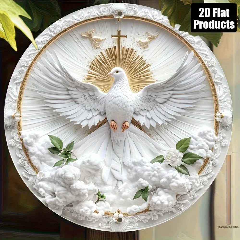 Quadro Decorativo Religioso | Pomba com Halo Dourado e Cruz | Metal 20x20cm