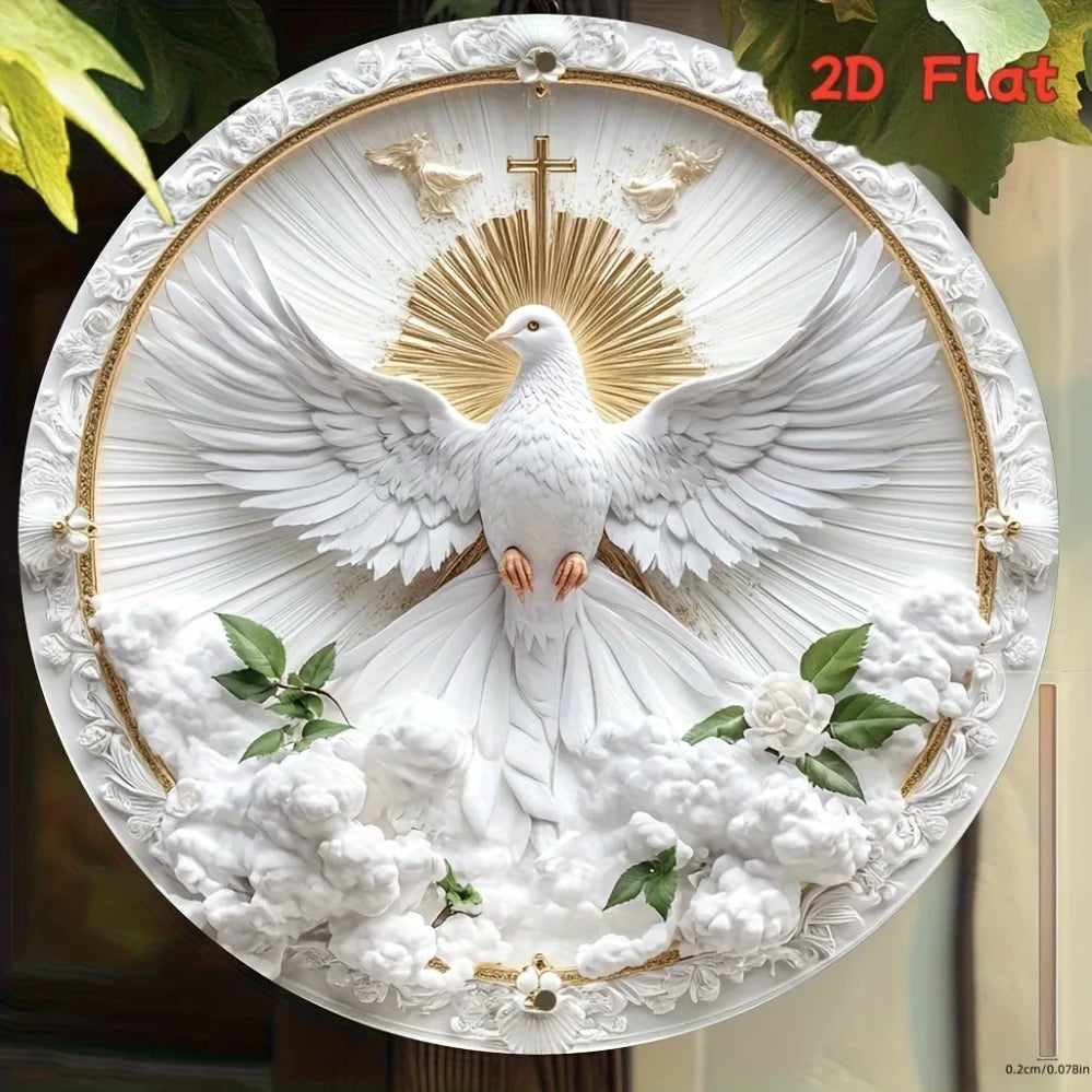 Quadro Decorativo Religioso | Pomba com Halo Dourado e Cruz | Metal 20x20cm