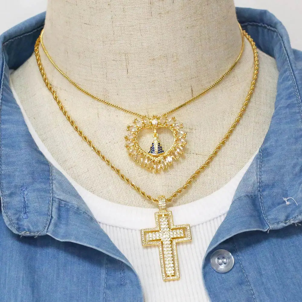 Colar Nossa Senhora Aparecida Banhado a Ouro | Corrente Box | Jóia Católica Feminina